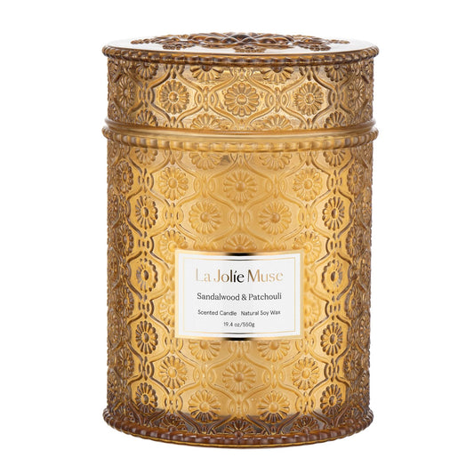 La Jolíe Muse Scented Candles Sandalwood & Patchouli Wood Wick Candle Gifts for Women 19.4Oz /550g Large Candles Natural Soy Wax Glass Jar 90 Hours Long Burning, Gift for Her 19.4 ounce