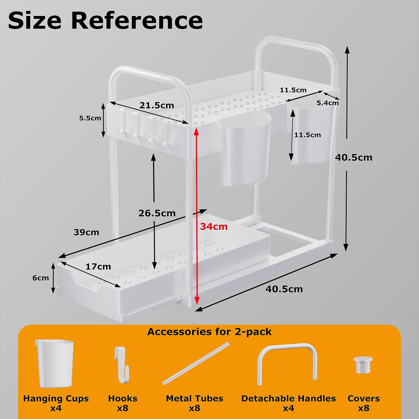 GEMWON Under Sink Storage Kitchen Organiser, 2 Tier Sliding Kitchen Storage Under Sink Shelf, Multi-Purpose Organisation for Kitchen Bathroom, Bottom Slide Out Basket White 2Piece White-2pack