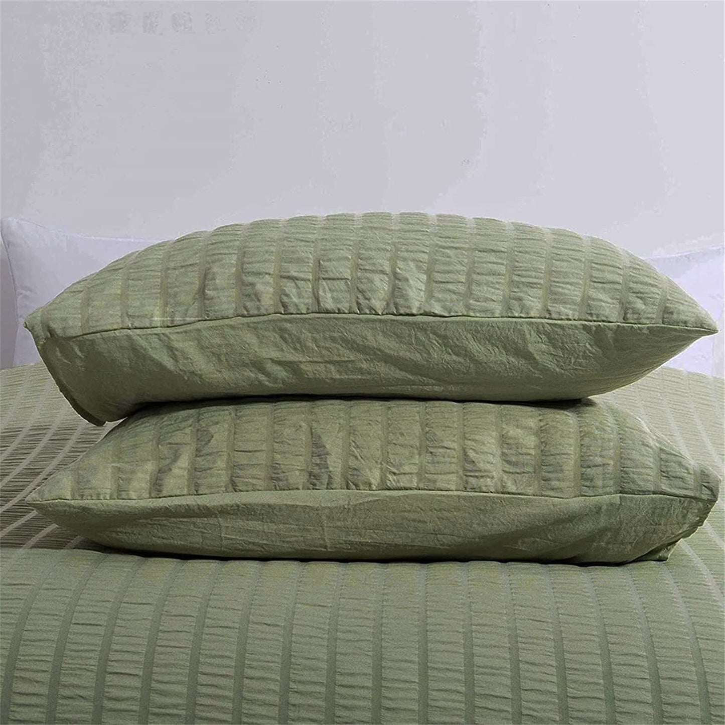 King Size Green Classic Seersucker Duvet Cover for Teens Adults Seersucker Bedding Set with 2 Pillowcases Puckering Duvet Cover Set with Zipper Closure 220×230cm King Size 220x230cm