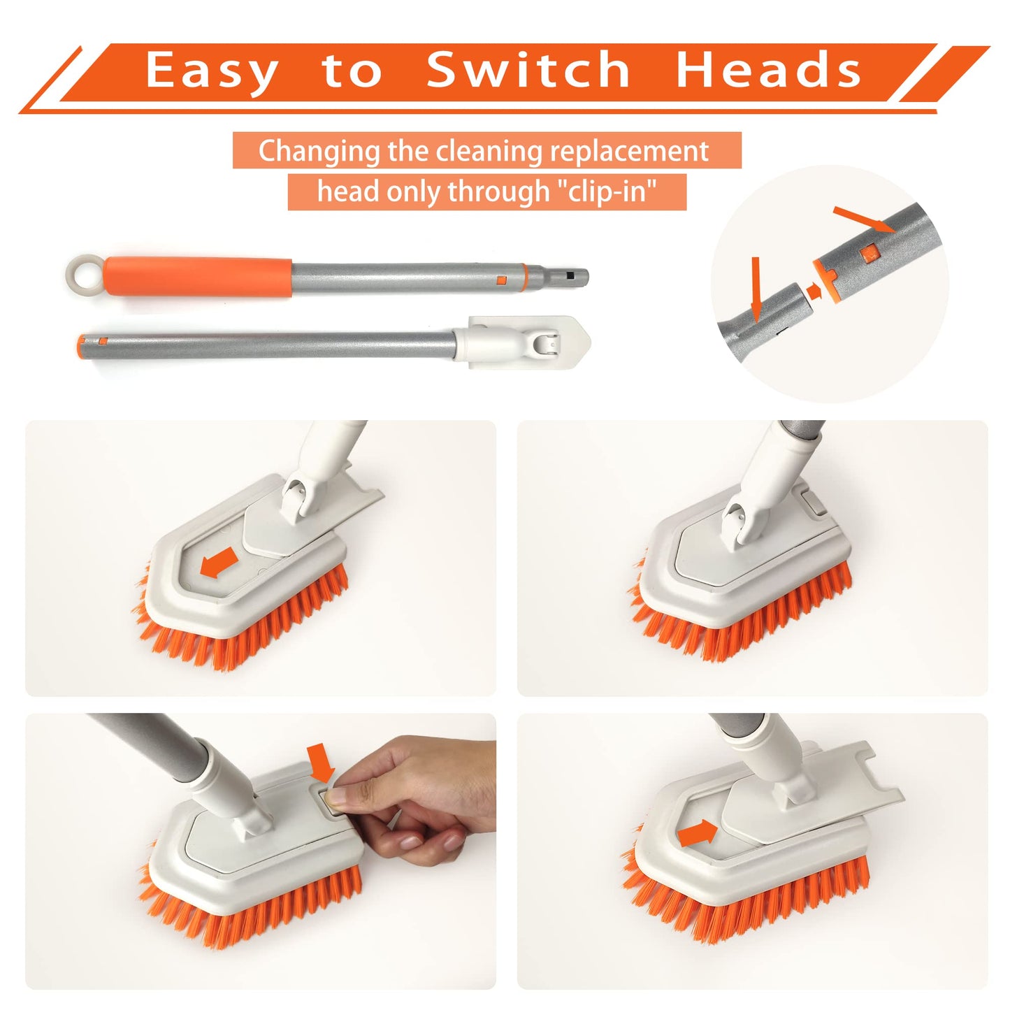 JEHONN Bathroom Cleaning Brush, Scrubbing Brush with Telescopic Handle, Tub Tile Shower Scrubber, Detachable Stiff Bristle Cleaner Brush and Sponge Head for Bathtub Floor Wall Glass Sink Orange/White Scrubber Brush