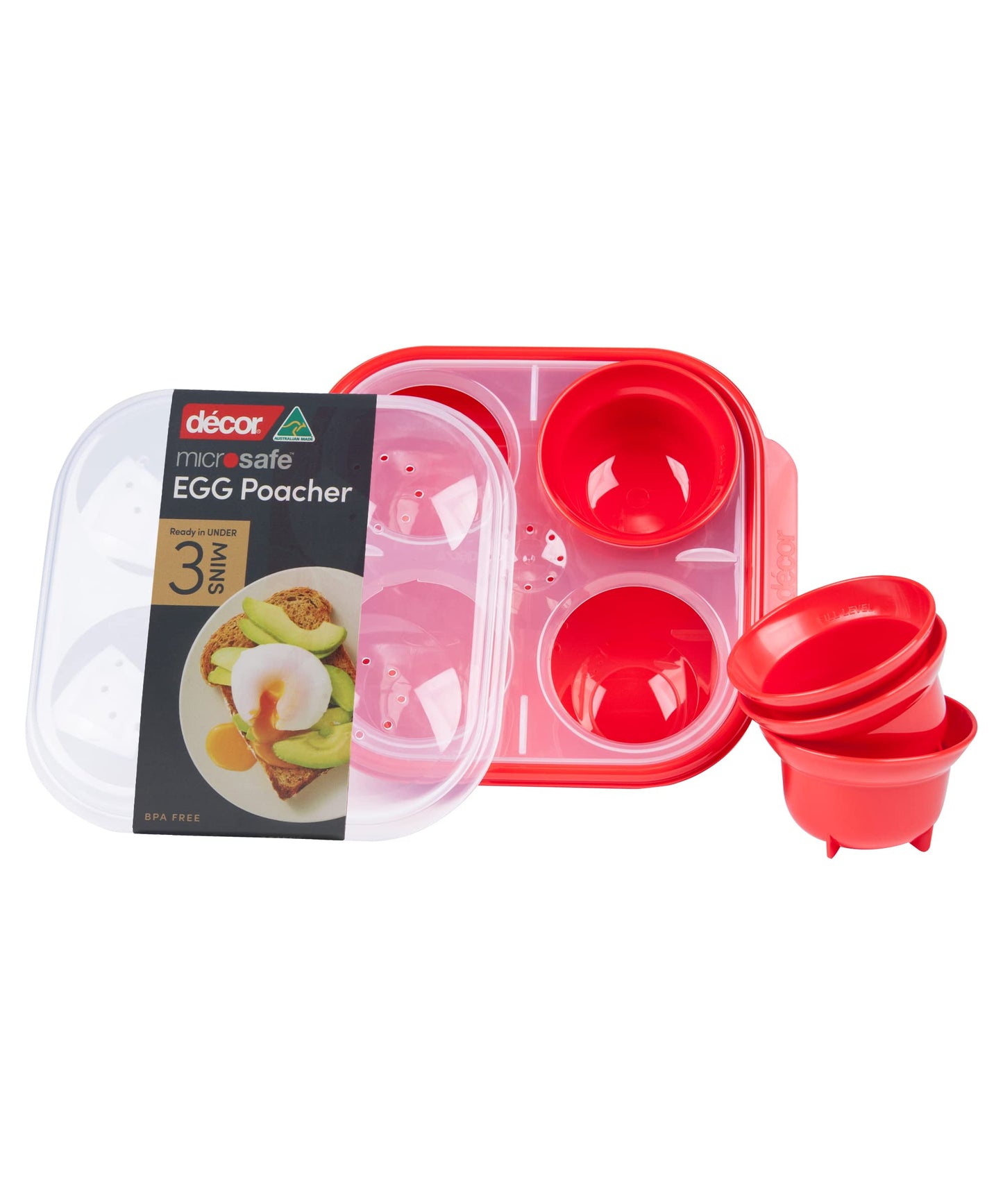 Décor Microwave Egg Poacher Cups for 4 | Food Grade Poached Egg Maker | Non-stick, Easy to Clean, BPA-free Plastic - Red 4 Egg Tray