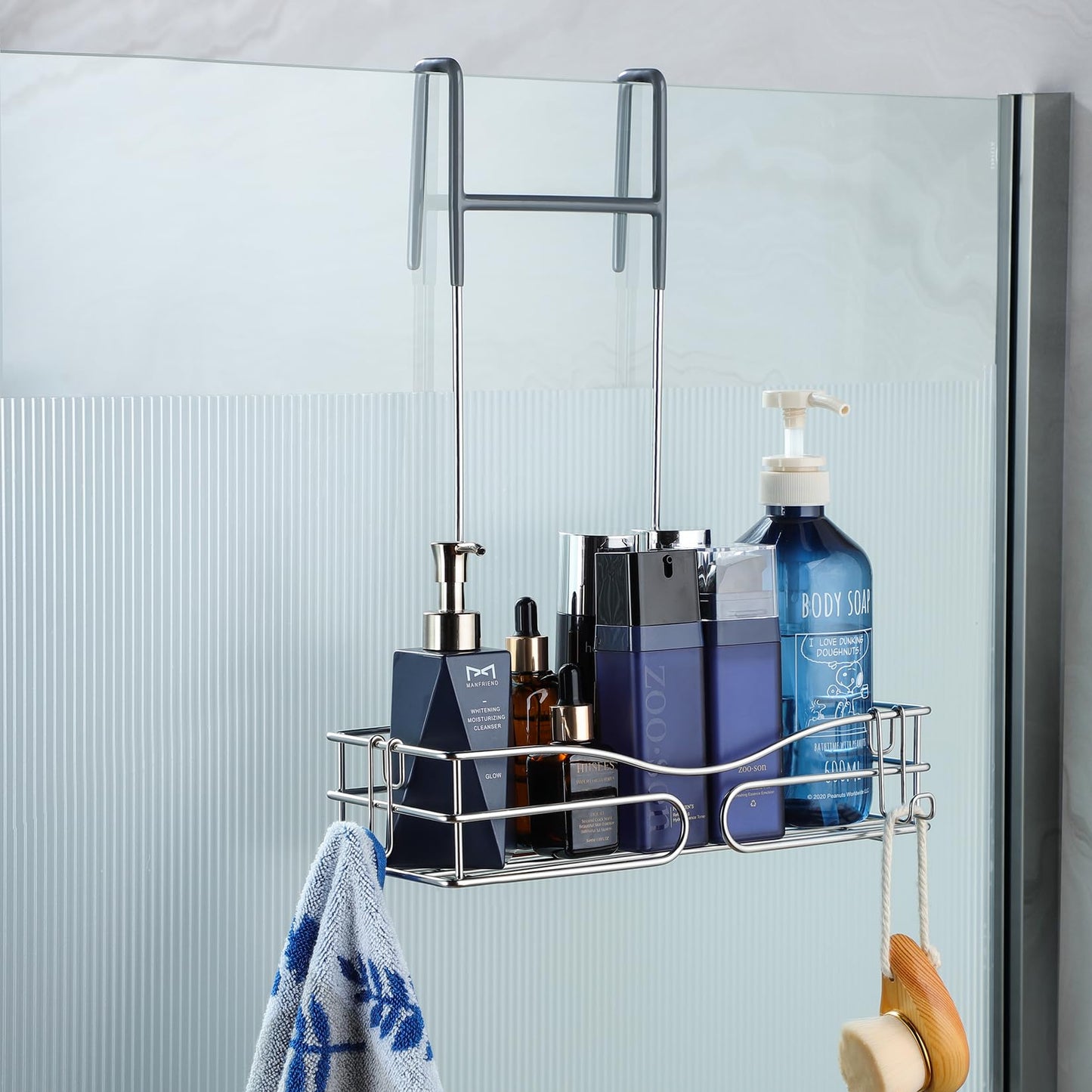 Cooeco Shower Caddy Hanging - Rustproof Shelf Storage Stainless Steel Organizer Bathroom Shampoo Holder over the Door with 2 Hooks one-tier Silver