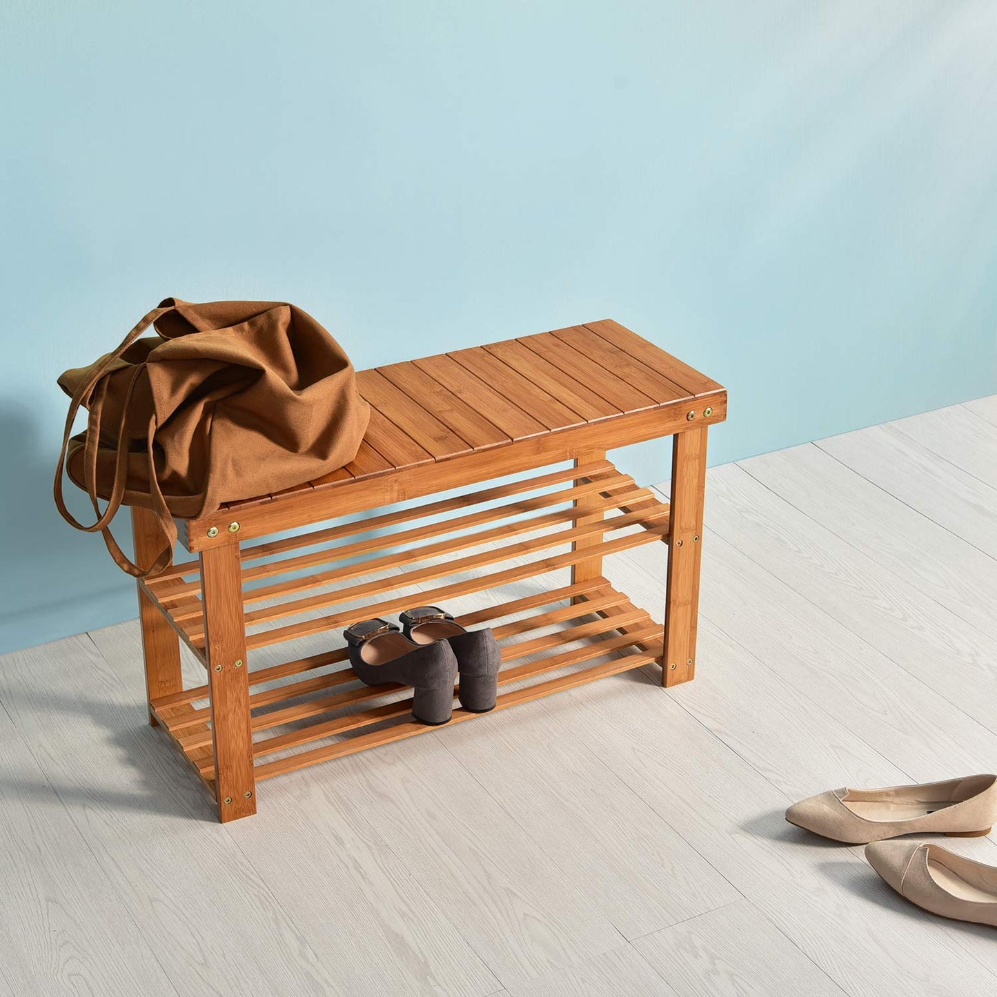 Hododou Shoe Rack, 2 Tier Bench Storage Organiser Holder 70 x 27 x 45cm Made of 100% Natural Bamboo Max Load Capacity up to 100KG 70cm