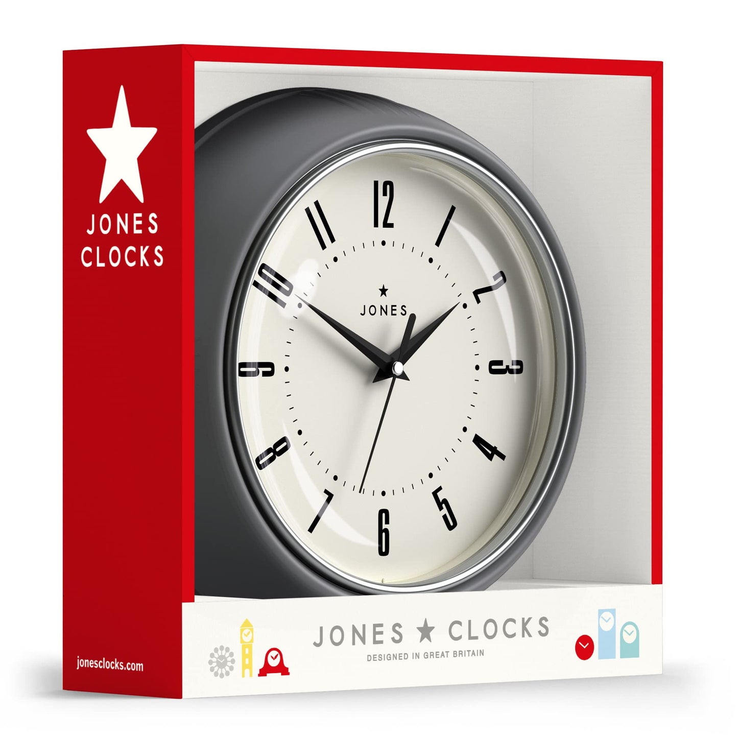 Jones Clocks® Ketchup Clock – Retro Wall Clock. Round clock with easy-to-read numbers for kitchen clock, office clock, living room clock. Size: Small clock, 25cm. Colour: Grey clock.