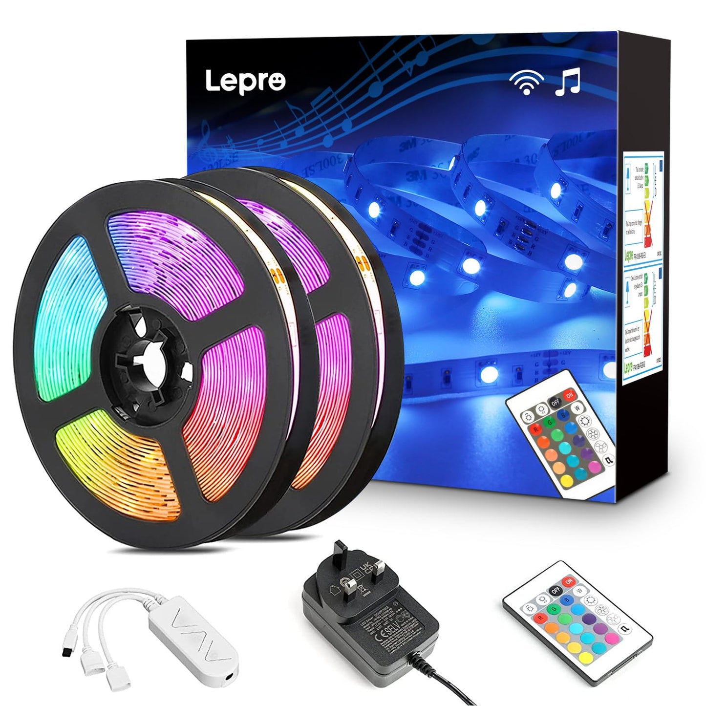 Lepro LED Strip Lights Music Sync 15M (2x7.5M), 5050 RGB Colour Changing LED Strip with Remote and Plug, Dimmable Stick on LED Lights for Bedroom, Kitchen, Party, Teen Girl Kids Room Decor