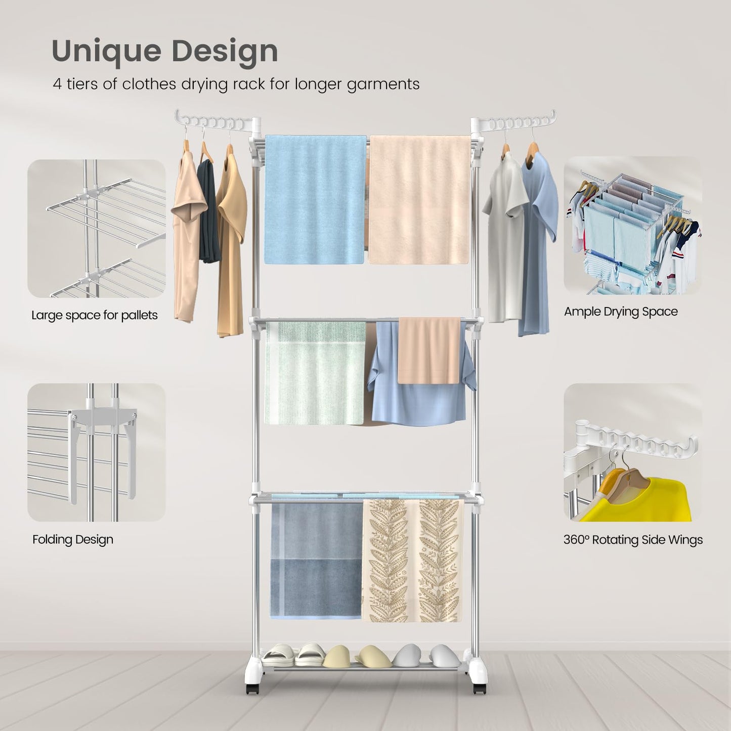 Innotic Clothes Drying Rack 4-Tier Foldable Standing Washing Airer Large Space Movable Laundry Hanger Dryer for Home Garden Storage Indoor (White-Grey) White-grey