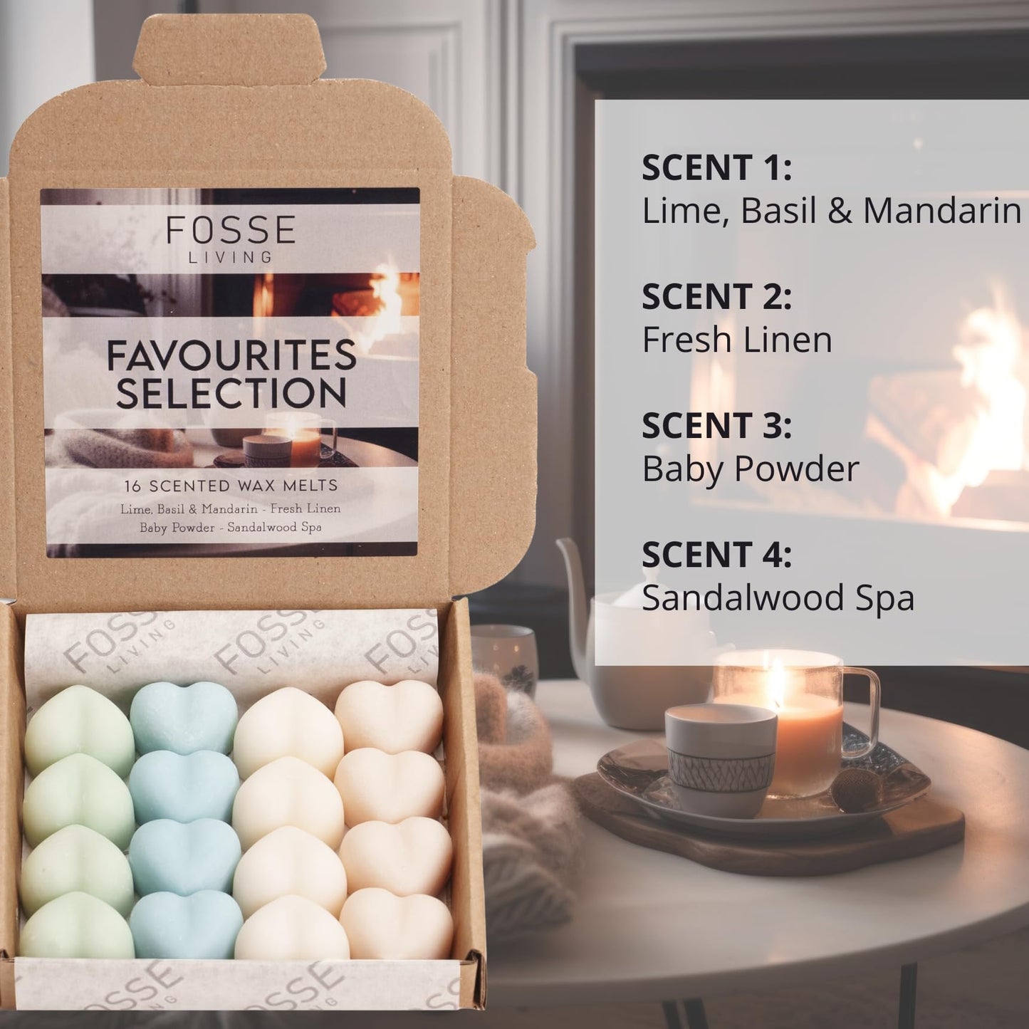 Favourites Selection Strong Scented Wax Melts 16 Pack - The Gift for Every Occasion – 4 of Our Favourite Scents - Fresh Linen, Baby Powder, Lime, Basil and Mandarin, Sandalwood Spa Favourites Selection