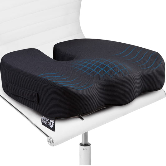 5 STARS UNITED Seat Cushion for Office Chair - 100% Memory Foam Pillow - Firm Coccyx Pad - Tailbone, Sciatica, Lower Back Pain Relief - Premium Home Office Furniture Cushions Black