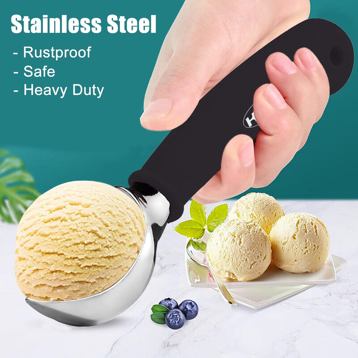 KXF Stainless Steel Ice Cream Scoop with Non-Slip Rubber Grip Heavy Duty Ice Cream Spoon Sturdy Icecream Scooper Cookie Fruit Scoop for Cookie Dough, Mash Potatoes, Melon Balls, Dishwasher Safe(Black) Black