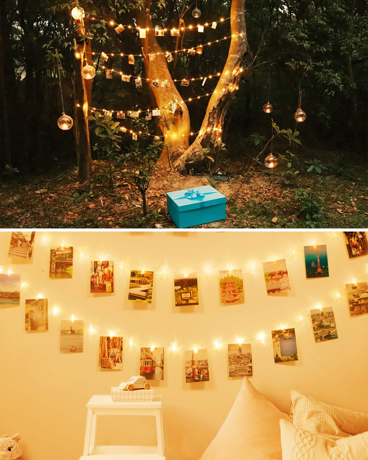 litogo 100 LED Photo Clip String Lights, 10M Battery Powered Fairy Lights with 60 Clips Hanging Photos, Mini Silver Wire Polaroid Peg Lights for Birthday Party Picture Card Decorations Warm White 100LED