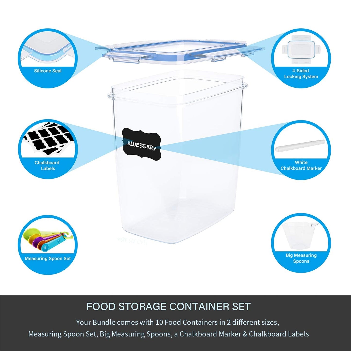 10 Pack Airtight Food Storage Container Set - Kitchen Pantry Organization Containers, Plastic Canister for Flour, Sugar and Baking Supplies, with Labels and Measuring Spoons 3.6L X 2 + 1.6L X8