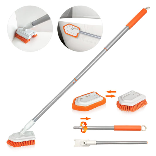 JEHONN Bathroom Cleaning Brush, Scrubbing Brush with Telescopic Handle, Tub Tile Shower Scrubber, Detachable Stiff Bristle Cleaner Brush and Sponge Head for Bathtub Floor Wall Glass Sink Orange/White Scrubber Brush