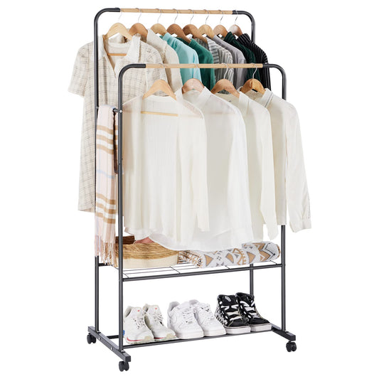 YOUDENOVA Clothes Rail on Wheels Clothes Rack Double Hanging Rails for Clothes Rails for Bedroom Heavy Duty Metal Stand Storage Shelf Black