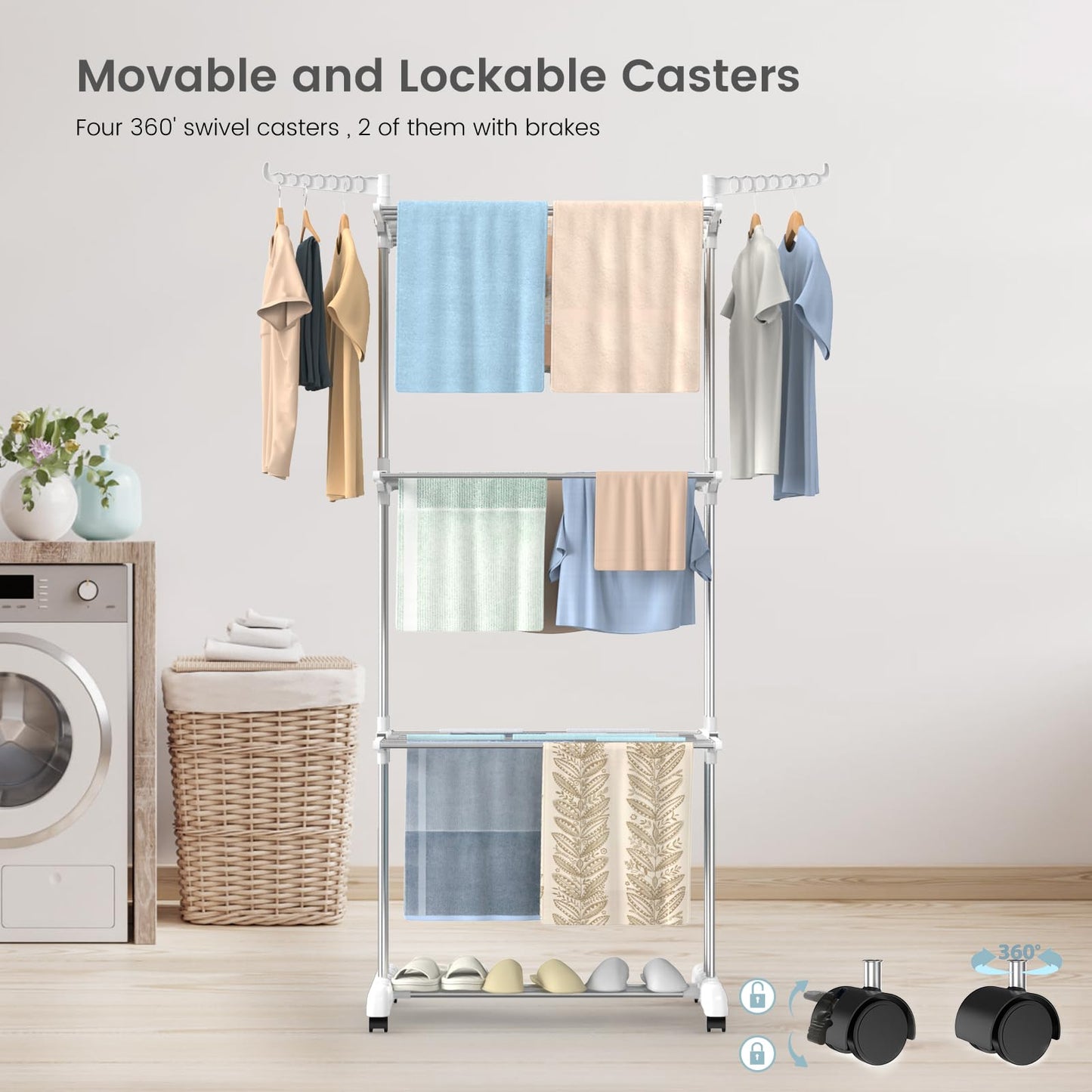 Innotic Clothes Drying Rack 4-Tier Foldable Standing Washing Airer Large Space Movable Laundry Hanger Dryer for Home Garden Storage Indoor (White-Grey) White-grey