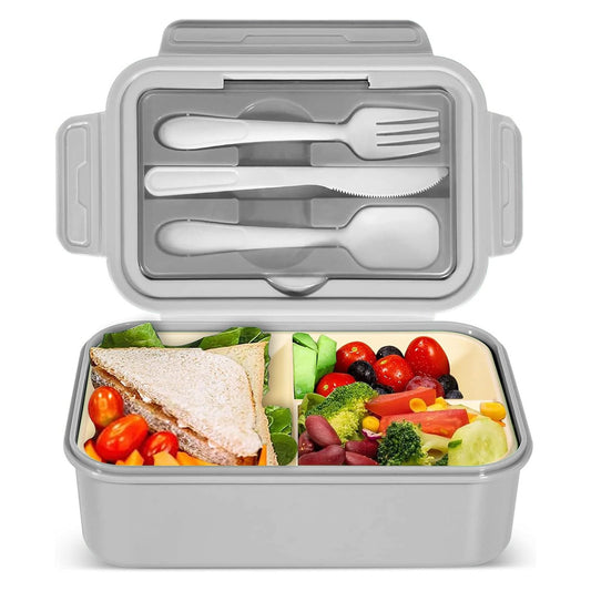 IJIAMY 1400ml Bento Lunch Box, Container with 3 Compartments, Cutlery, Dishwasher, BPA Free Sandwich Box for Adults and Kids Grey