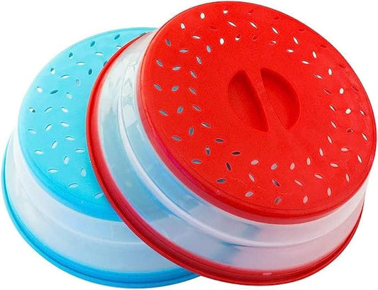 2Packs collapsiable Microwave Cover (Red+Blue) BPA Free Microwave Splatter Guard Colander Strainer for Fruit Vegetables Red+Blue