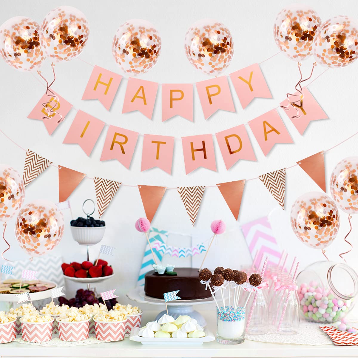 Happy birthday bunting banner balloons – 14 pieces happy birthday decoration pack include a set of rose gold birthday bunting birthday banner 2 ribbons and 10 confetti latex balloons Pink