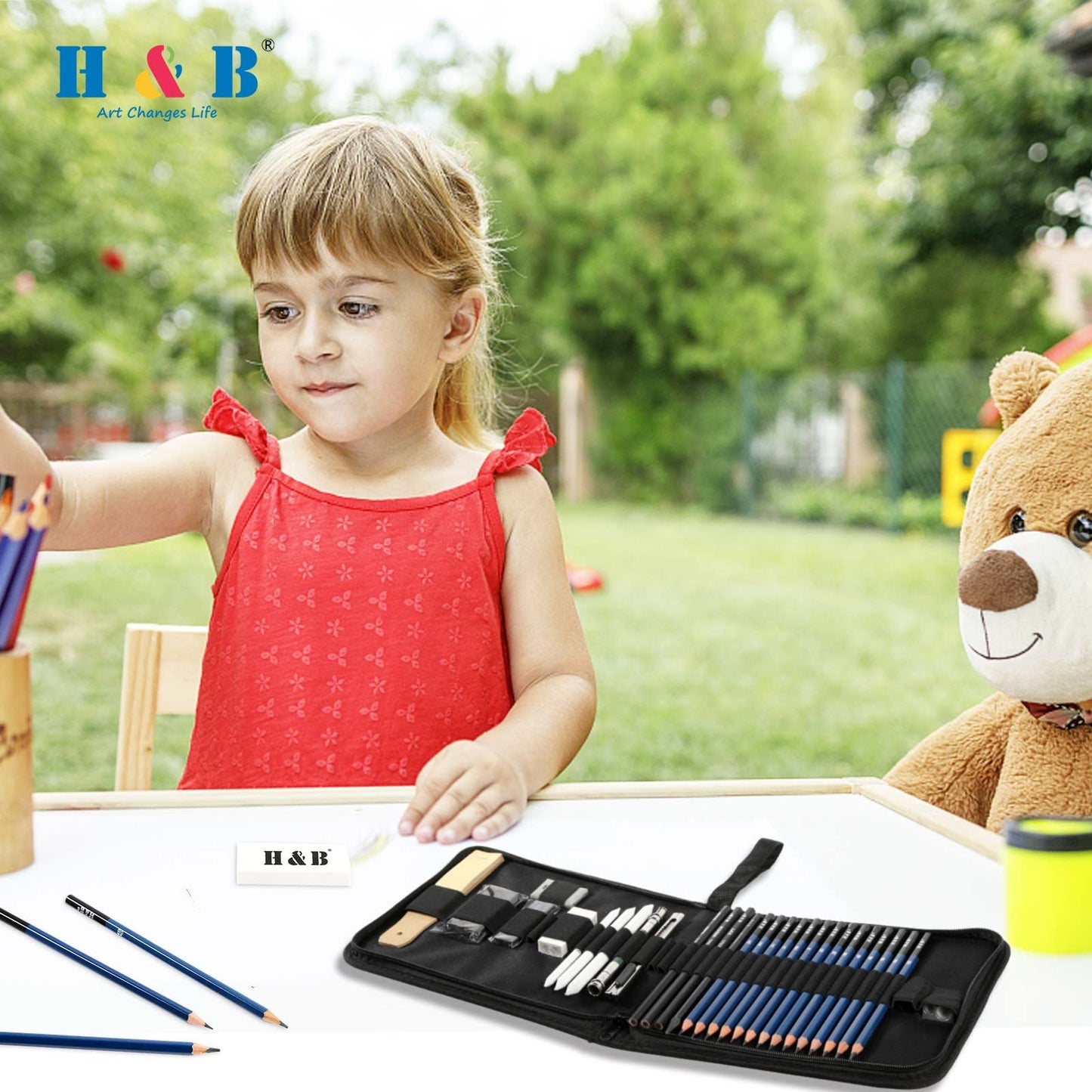 H & B Drawing Sketching Pencils Set, 35 Pack Art Kit with Sketch Book Draw Pencils Charcoal Pencil Eraser Sharpener Pencil Extender & Canvas Pencil Case for Artist Beginners Kids Adults