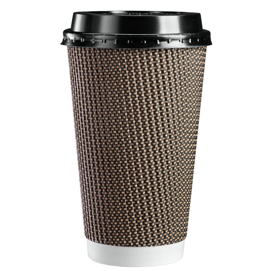 [50 Sets - 16 oz. - 475 ml] Insulated Brown Patterned Ripple Paper Hot Coffee Cups With Lids 16 Ounce