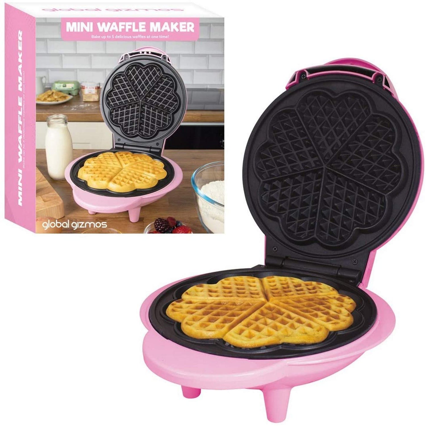 Global Gizmos 35570 Heart Shaped Waffle Maker / 1000W / Unique Thermostatic Design/Non-Stick Plates/Easy Clean / 25cm x 22cm / Pink Colour