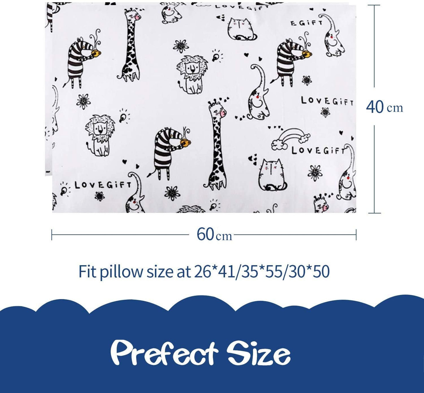 Baby Toddler Pillowcase, Cot Bed Pillow Pair Cases 40 x 60cm, 2 Pack 100% cotton Pillow Cover for Boys Girls Kids Bedding, Envelope Closure Machine Washable Travel Pillow Pillowcase White-animal 40x60 cm (Pack of 2)