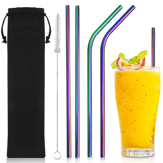 iShop Metal Straws – Reusable Straws Set of 4 Rainbow – Drinking Straws with Straw Cleaner – Eco-Friendly FDA BPA Free – Includes Cleaning Brush and Travel Pouch – Ideal for Travel, Home Use