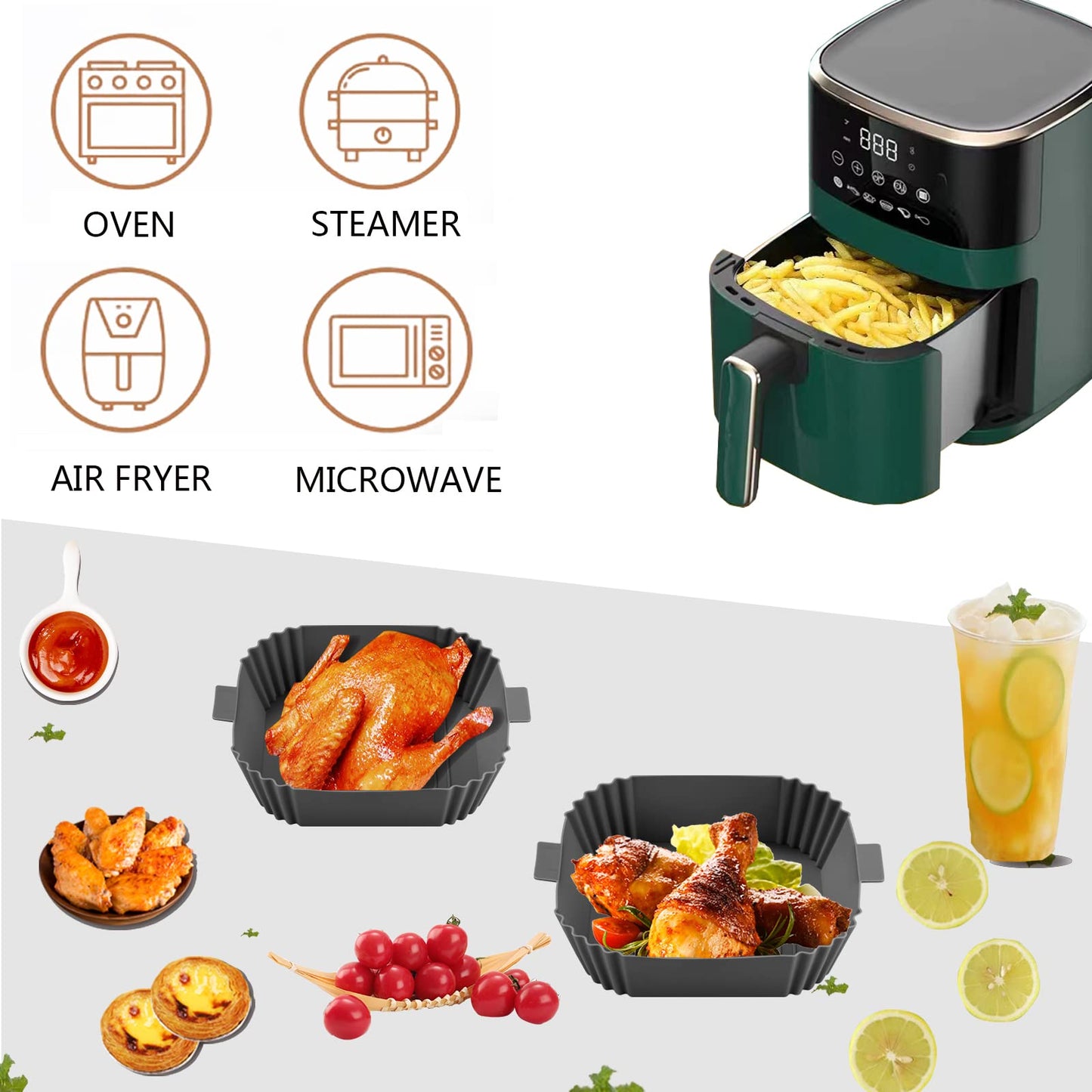 Air Fryer Liners-Square Silicone Air Fryer Liner Reusable,2pcs Air Fryer Silicone Liners Accessories Reusable Airfryer Liner Non-Stick Baking Paper Pot Air Fryers Basket Tray Baking Pan Replacement Grey+grey