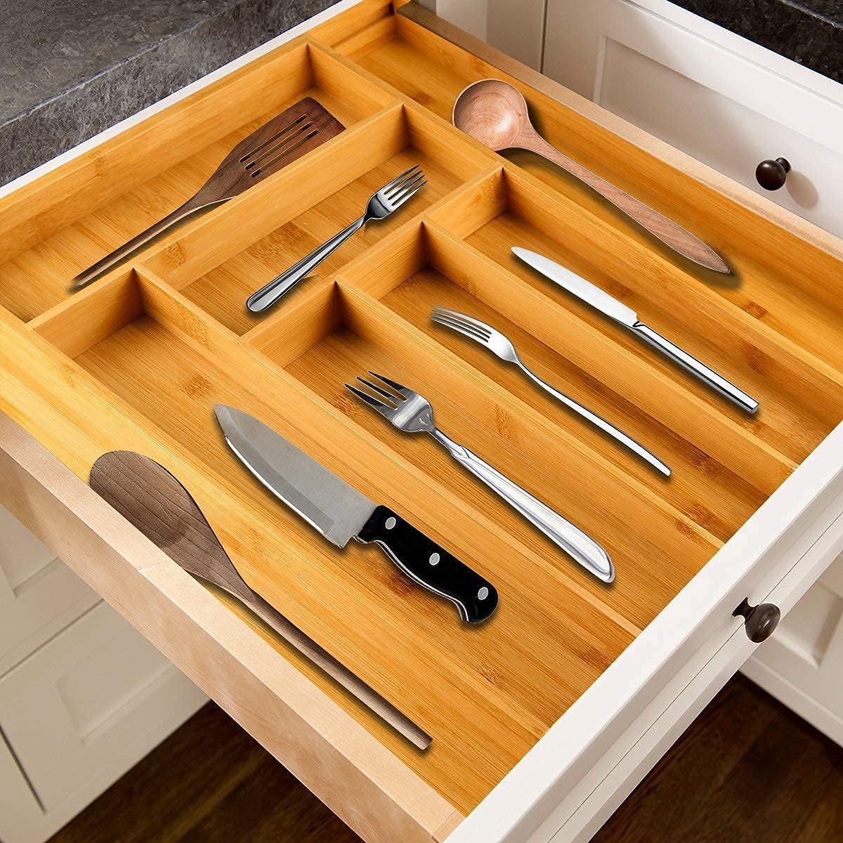 Harcas Bamboo Cutlery Tray. 6-8 Compartment Utensil Holder for Kitchen Drawer. Large Extendable Size Organiser for Knife, Forks and Cutlery. Cutlery Not Included