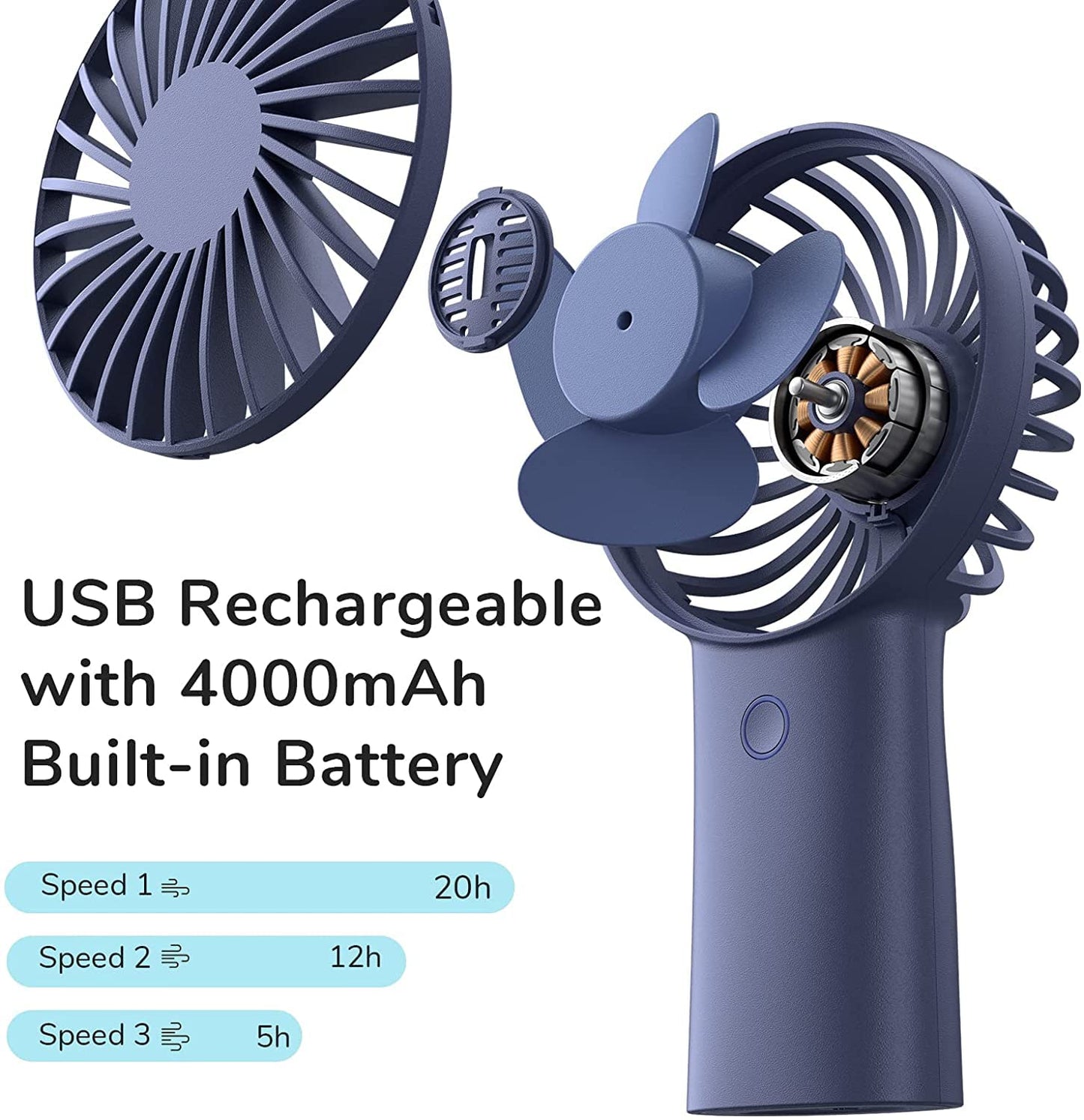 JISULIFE Handheld Fan, 4000mAh Portable Fan, Mini Hand Fan [5-20H Working Time] USB Rechargeable Small Personal Fan Battery Operated Hand Fan with 3 Speeds for Travel/Commute/Picnic/Office-Blue Blue