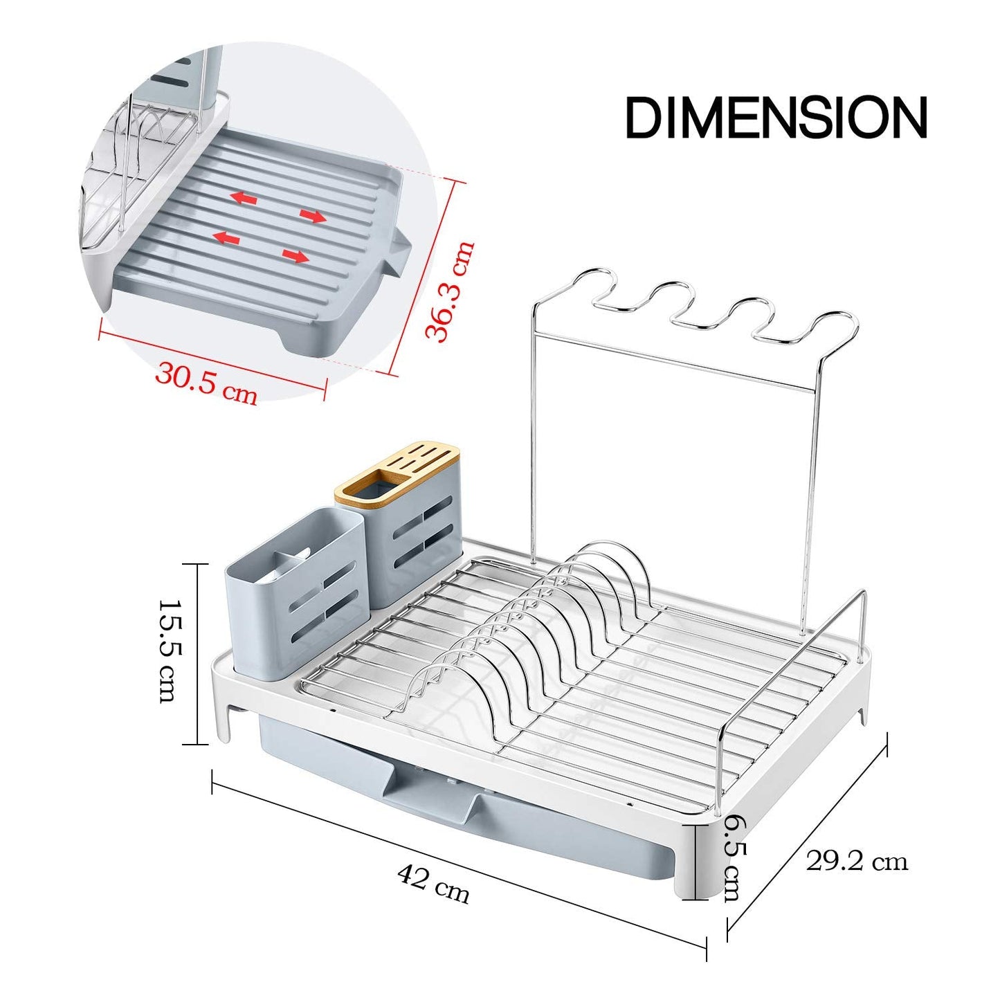 KINGRACK Dish Drainer with Extendable Draining Board, Stainless Steel Dish Rack with Wine Glass Holder and Cutlery Holder, Grey 1 niveaux