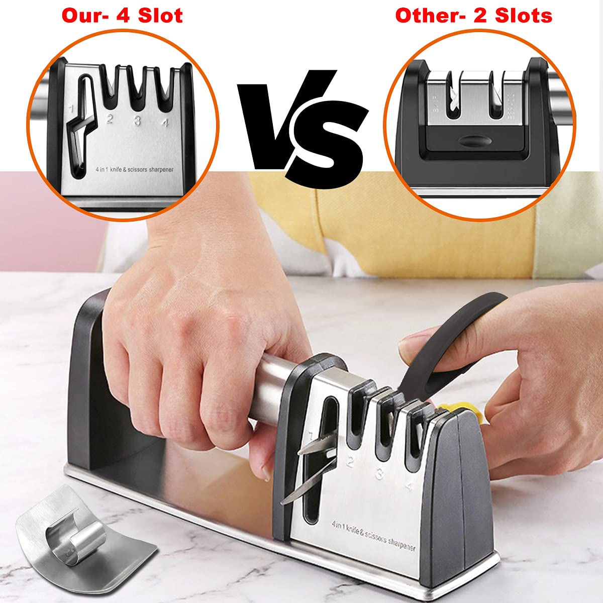 Knife Sharpener with 4 in 1 and Finger Protection Knife sharpeners Best Grinding Grooves are Made of Diamond Tungsten Steel and Ceramic Knives Sharpener Safe and Non-Slip. Black + Finger Guard