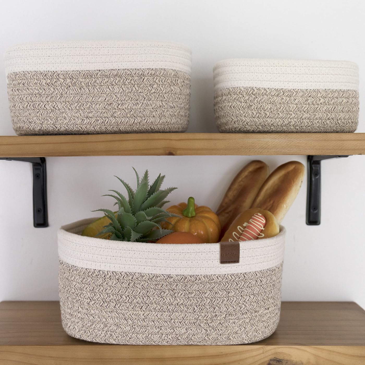 LA JOLIE MUSE Storage Baskets, Cotton Rope Woven Bathroom Storage Basket Set of 3, Small Basket Box Organizer Bins With Handles White&desert Pack 3