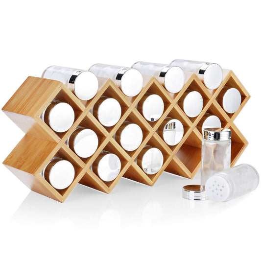 Harcas Bamboo Spice Rack with 18 Jars and Labels. Free Standing Spice Organiser Large Size 43cm x 9.5cm x 18cm. Glass Jars with Chrome Finish Lids