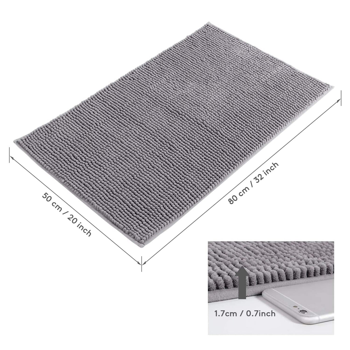 Lifewit Non-slip 80 × 50 cm Chenille Bath Mat, Easy to Clean Bathroom Mats, Soft Shower Rug, Grey Gray 80×50 cm