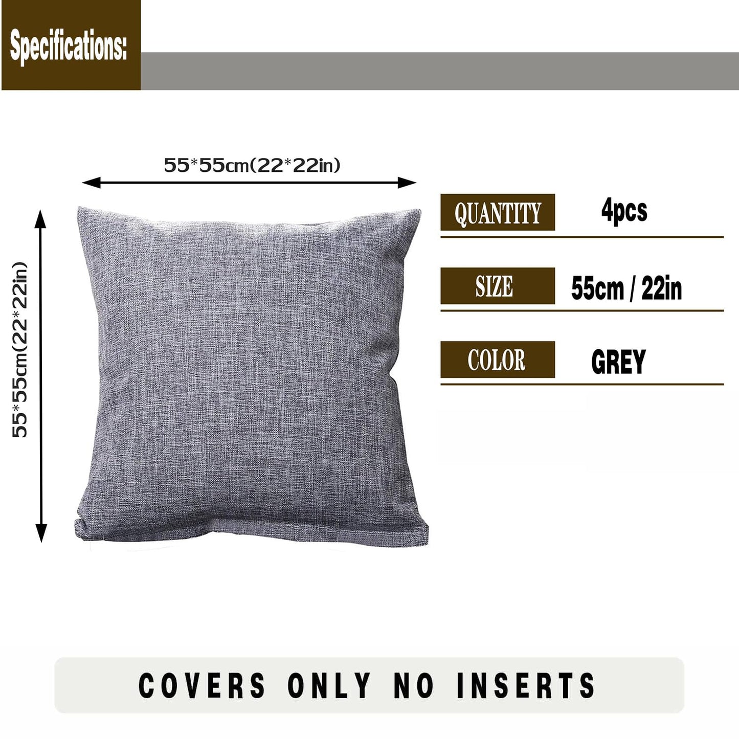 GONOVE Cushion Covers 55×55cm Solid Soft Cotton Linen Throw Pillow Cover Set of 4 Decorative Plain Pillowcase Square Cushion Cover for Home Sofa Bed Chair Décor, Grey 22"x22" (55cm x 55cm)