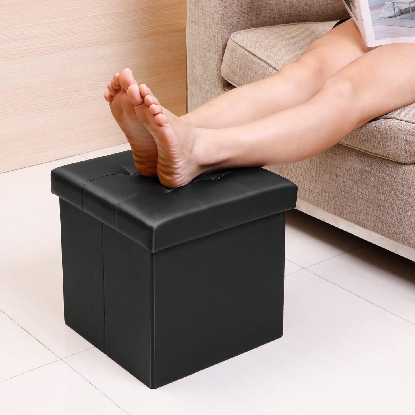 Bonlife 12.6" Black Folding Storage Ottoman Box Footstool,Faux Leather Storage Box with Lid Toy Chest Cube Foot Rest Seat, 32x32x32cm S-Leather