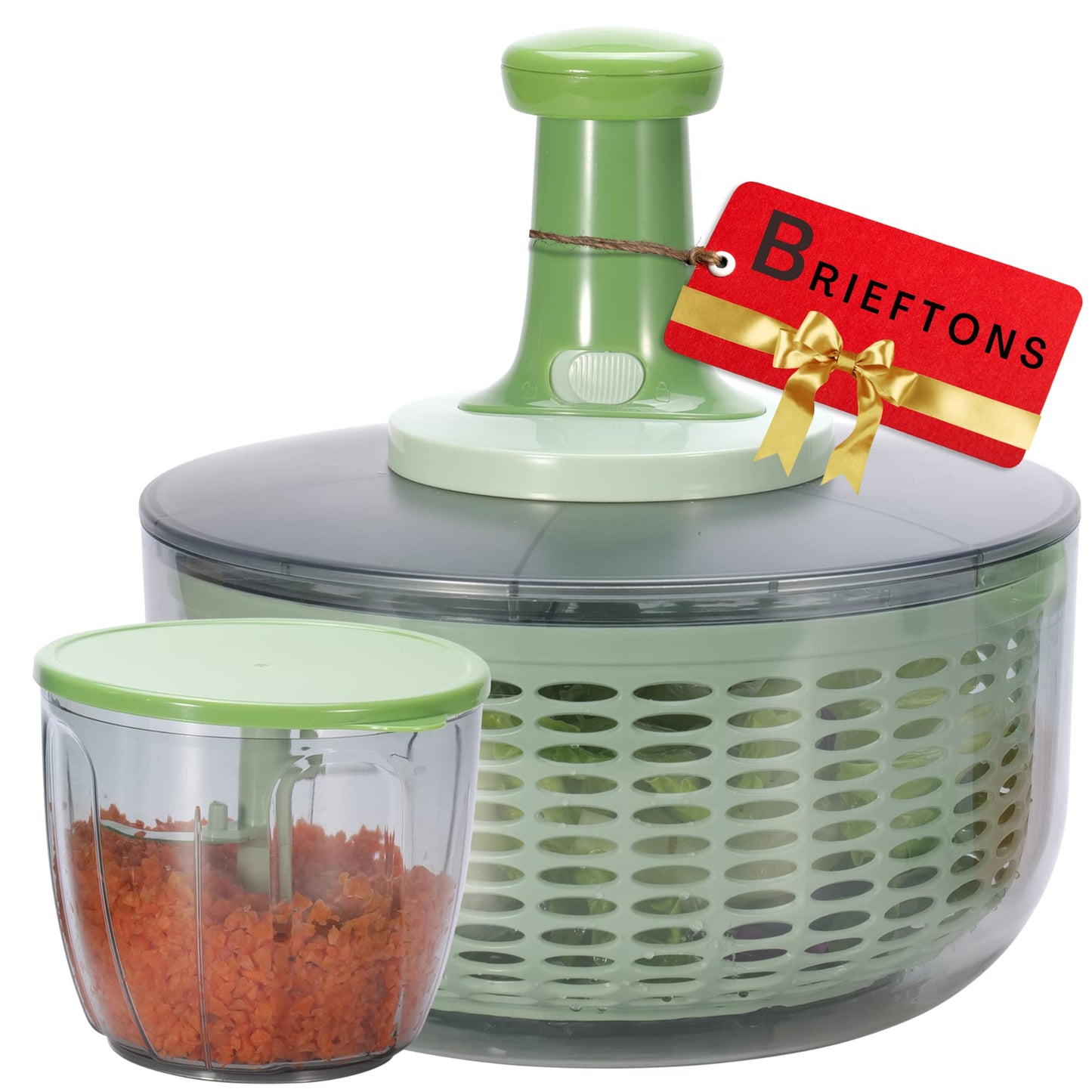 Brieftons Salad Spinner and Chopper: Large 6-Litre Lettuce Greens Vegetable Washer Dryer, with Bonus 0.9-Litre Veggie Chopper Mixer, Compact Storage, Easy Push Operation for Quick Veggie Prepping