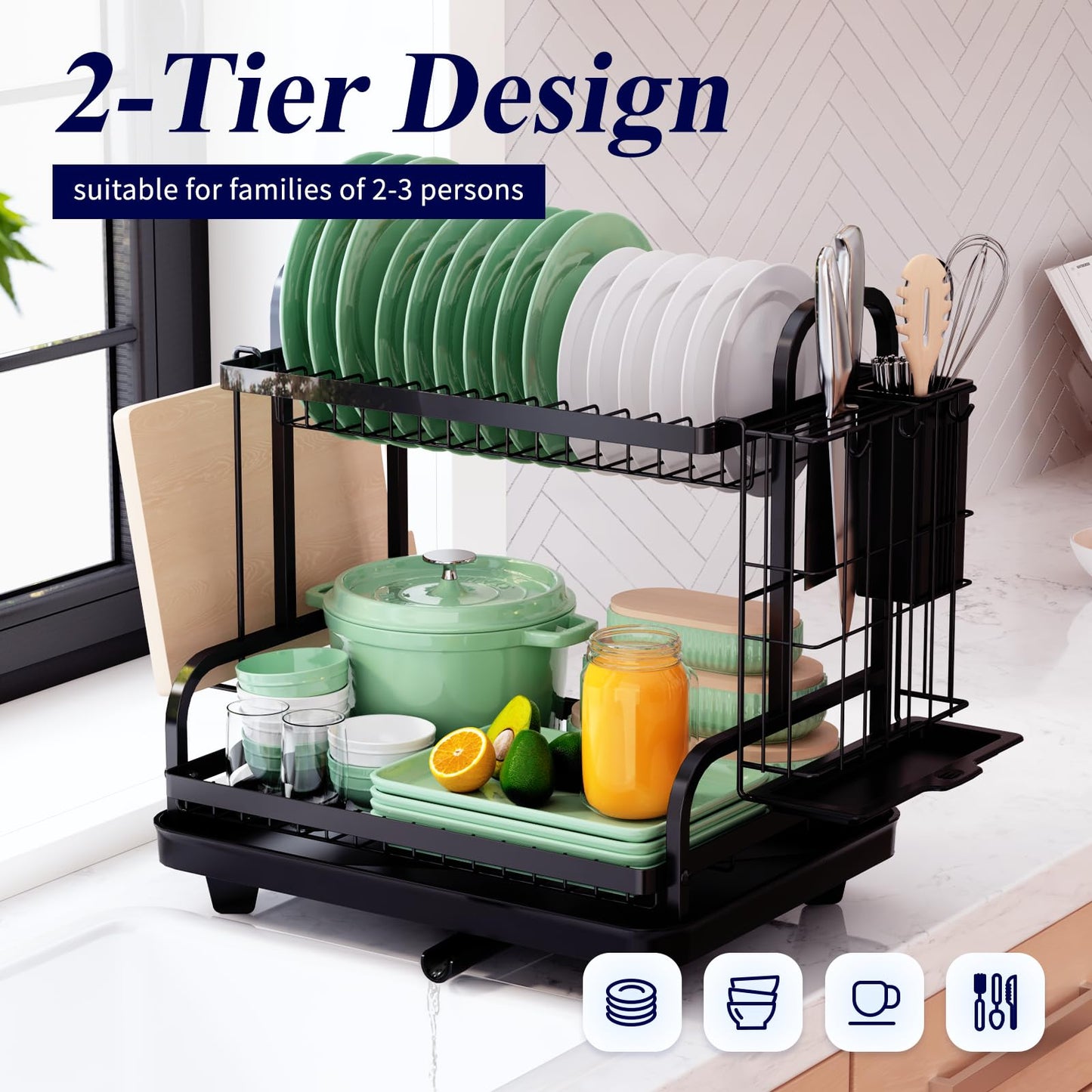 Kitsure 2 Tier Dish Drainer, Multifunctional Dish Drying Rack, Rustproof Kitchen Dish Drying Rack with Drainboard & Utensil Holder, Space-Saving Dish Rack with a Large Capacity for Kitchen Counter