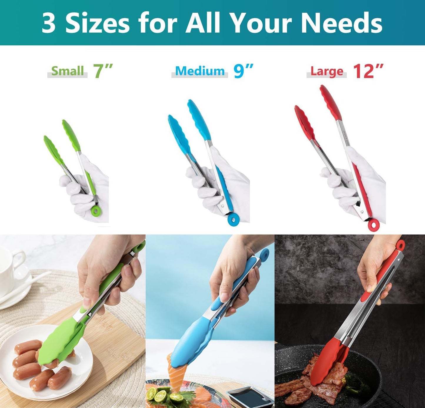 Kitchen Tongs Set of 3, Cooking Tongs with Silicone Tips, Stainless Steel Buffet Tongs, Non-Stick Non-Scratch Heat Resistant Tongs for Grilling Cooking BBQ Salad Serving (Multicolor, 7/9/12 Inch) Rgb, 7/9/12 Inch