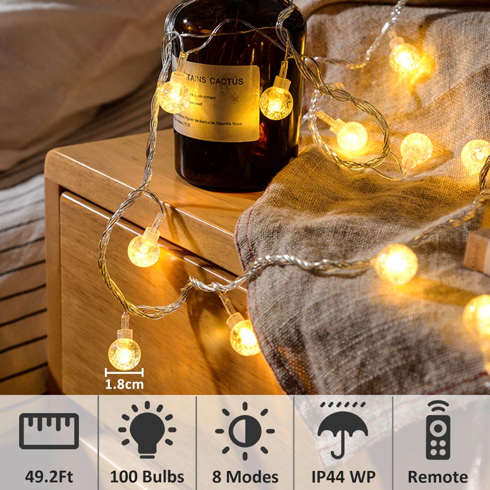 Zorela Globe String Lights, 15M/49ft 100 LED Fairy Lights Battery or USB Powered, 8 Modes Christmas Lights Outdoor Indoor with Remote & Timer for Home, Balcony, Patio, Gazebo and Garden