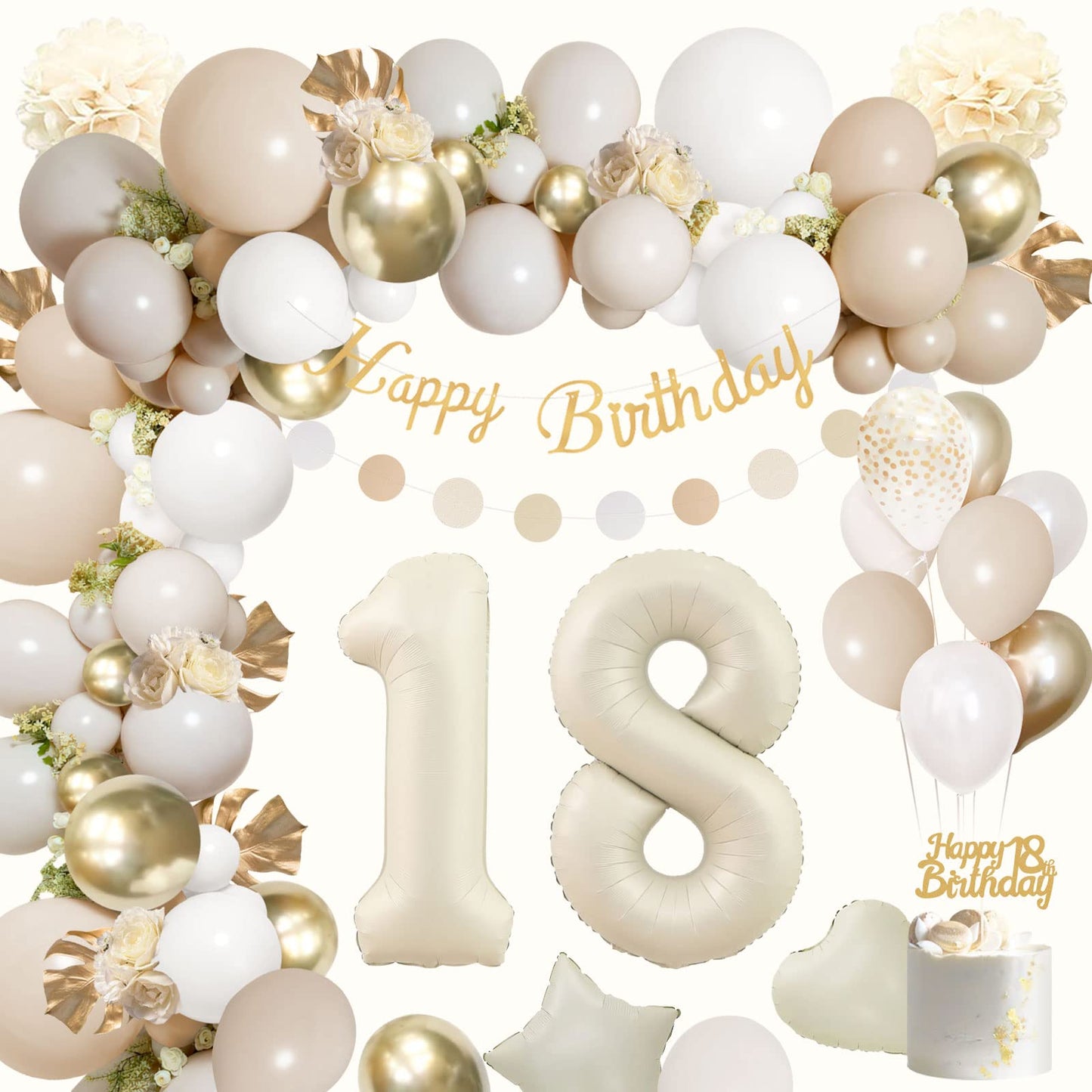 18th Birthday Decoration for Girl Boy,Sand White Gold Birthday Party Decorations,18th Birthday Balloons Beige Gold,Happy Birthday Banner,Number 18 Balloons,Pom Poms for Girl Birthday Party Decorations