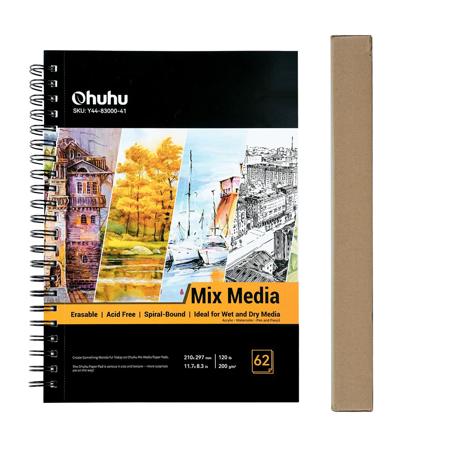 A4 Sketch Book Spiral Bound: Ohuhu Hardcover Sketchbook 62 Sheets/124 Pages 200gsm Heavyweight Papers Durable Acid Free & Non-Faded Drawing Pad for Pencils Markers Charcoal Acrylic Watercolour 11.7" x 8.3"