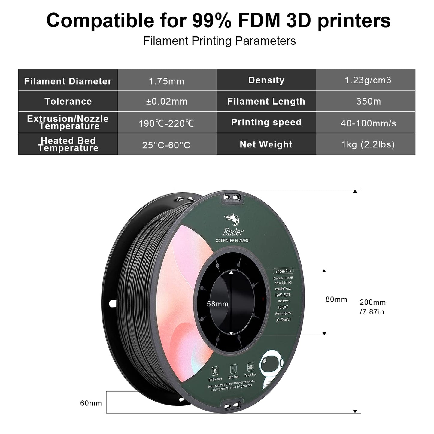 Creality 3D PLA Filament 1.75mm 2KG Spool for 3D Printer Dimensional Accuracy +/- 0.02mm, 3D Printing Filament for 3D Printers- White and Black Black and White