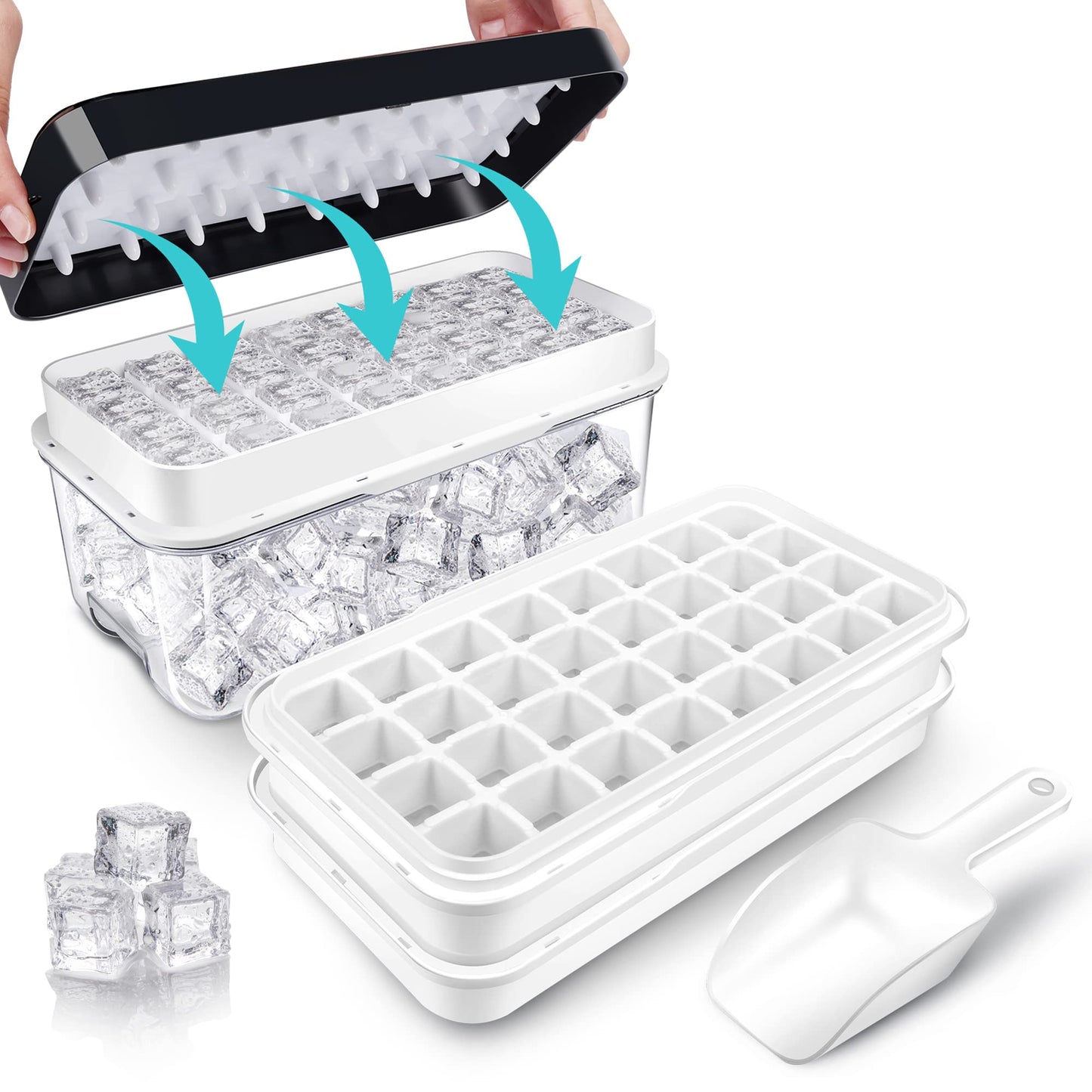 Ice Trays for Freezer with Lid & Bin, Ice Cube Tray Making 64 pcs Ice Cubes, Easy Press to Release Ice, Ice Tray with Storage Bin Chilling Cocktail Whiskey Coffee 2 Trays 1 Ice Bucket & Scoop (Black) Black