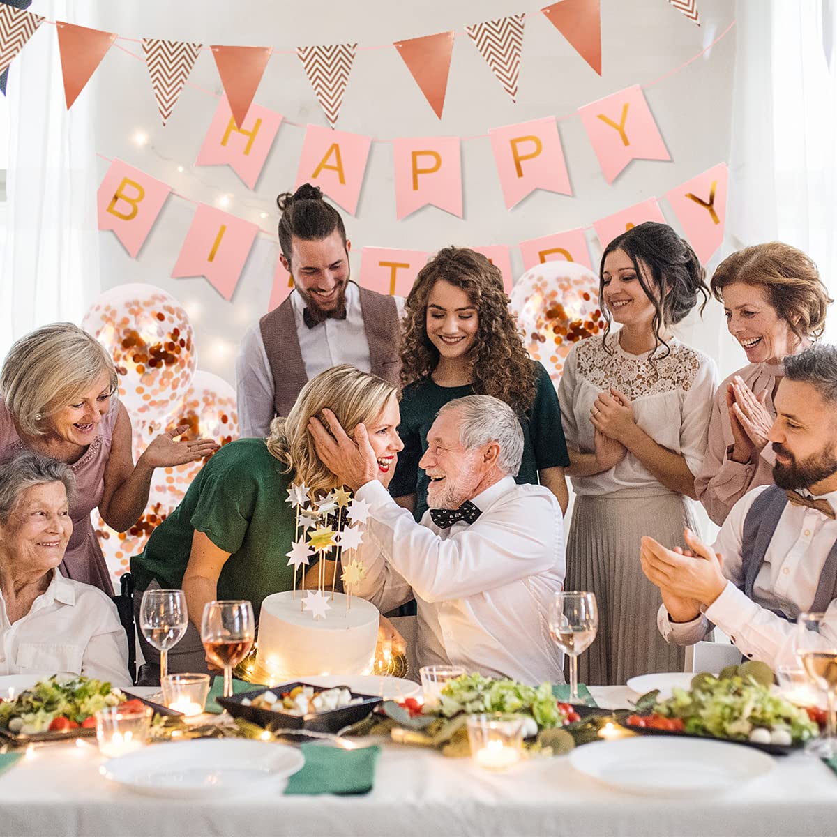 Happy birthday bunting banner balloons – 14 pieces happy birthday decoration pack include a set of rose gold birthday bunting birthday banner 2 ribbons and 10 confetti latex balloons Pink