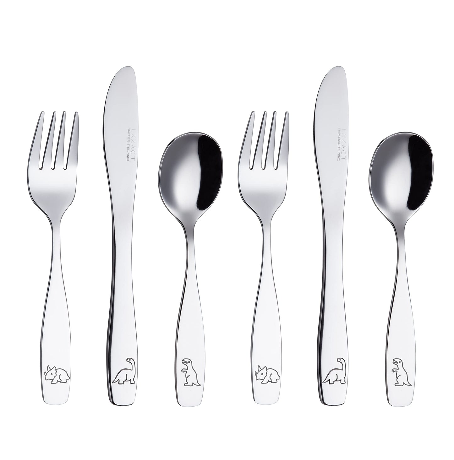 Exzact Children's Cutlery Stainless Steel 6pcs Set/Kids Cutlery/Toddler - Dishwasher Safe - 2 x Forks, 2 x Safe Dinner Knives, 2 x Table Spoons - Engraved Design - Dinosaurs Dino X 6