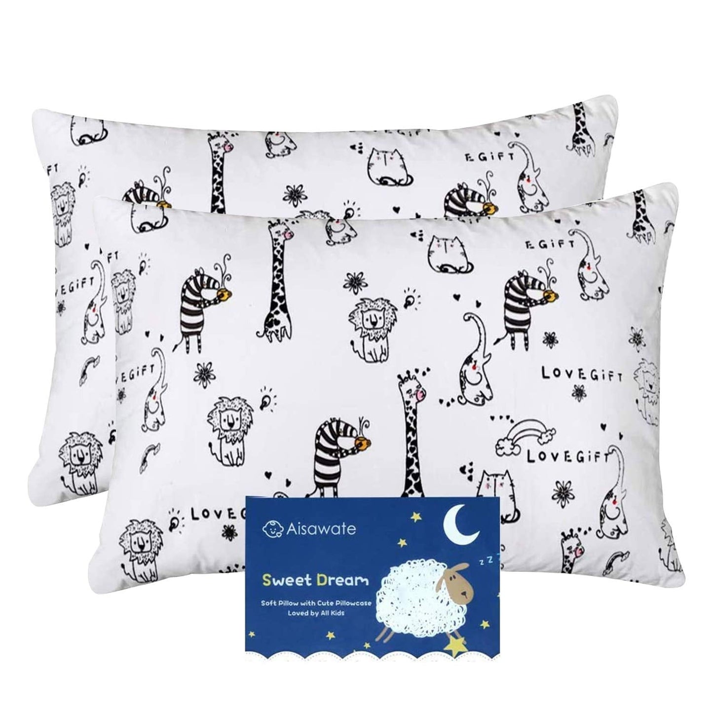 Baby Toddler Pillowcase, Cot Bed Pillow Pair Cases 40 x 60cm, 2 Pack 100% cotton Pillow Cover for Boys Girls Kids Bedding, Envelope Closure Machine Washable Travel Pillow Pillowcase White-animal 40x60 cm (Pack of 2)