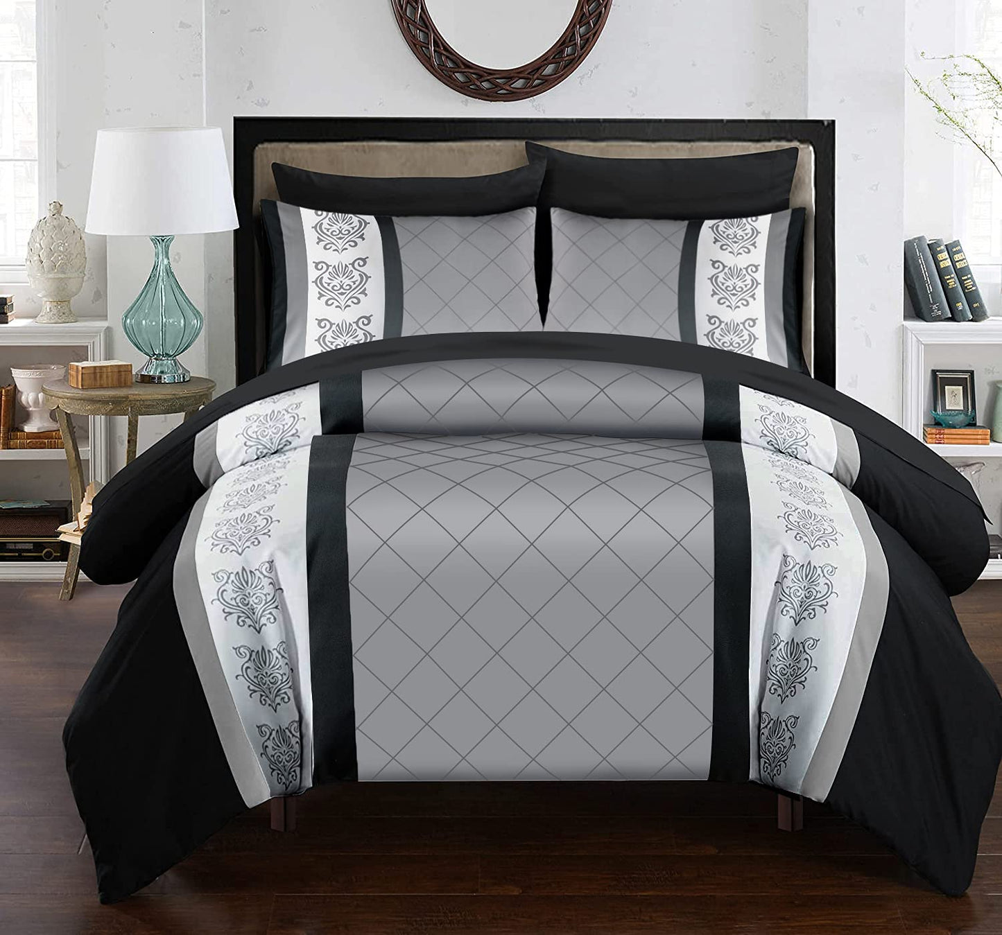 LAZZARO King Size Duvet Set, Non-Iron Kingsize Duvet Covers Bedding Sets, 3 Pcs with Zipper Closure + 2 Pillowcases 230 cm x 220cm Black/White/Grey