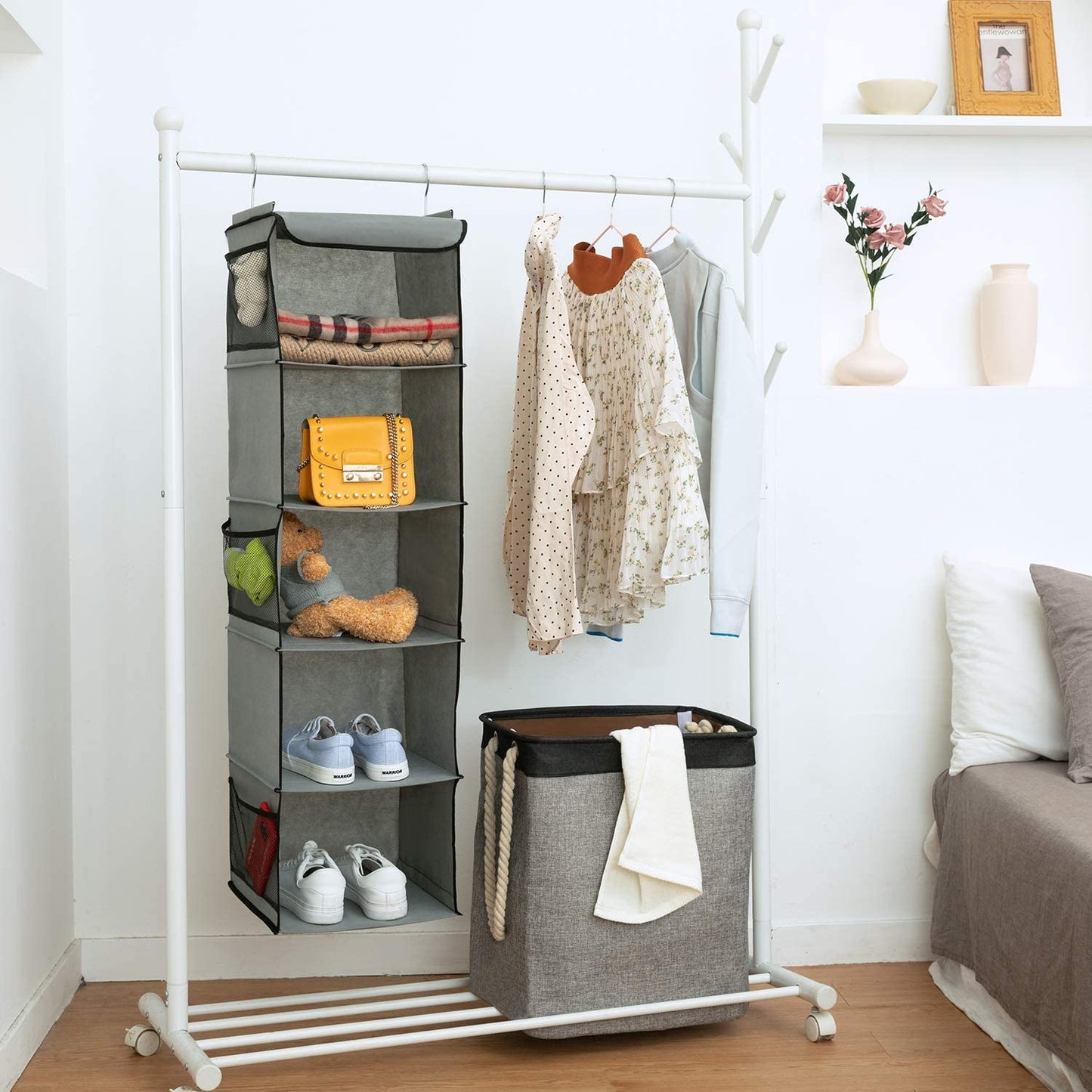 BrilliantJo Hanging Storage with 5 Shelves Wardrobe Closet Organiser, Storage Shelves Unit with 6 Pockets for Clothes - Grey(30 x 30 x 108cm) Gray