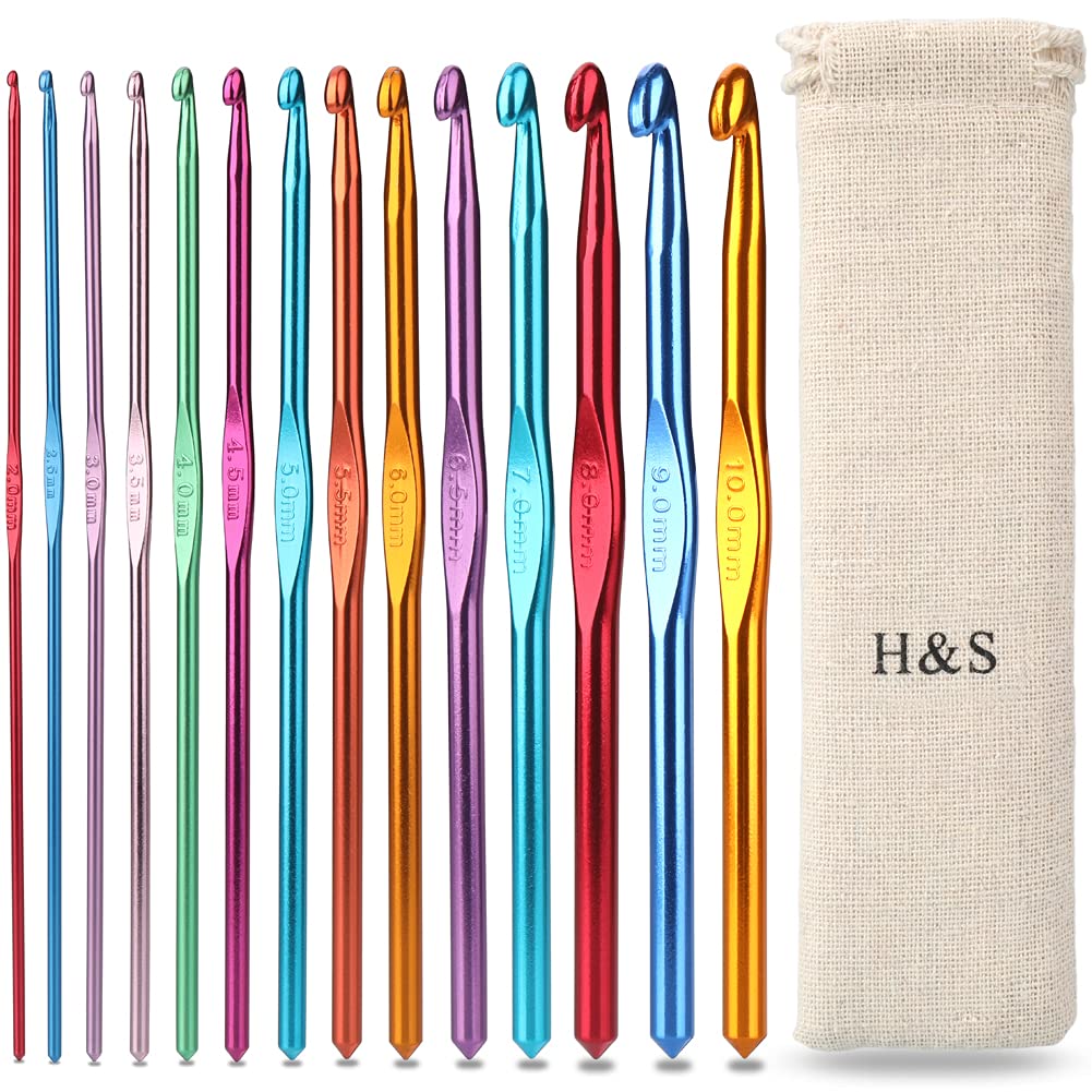 H&S Crochet Hooks Set Aluminium 14pcs Needles with Pouch Case 2mm 2.5mm 3mm 3.5mm 4mm 4.5mm 5mm 5.5mm 6mm 6.5mm 7mm 8mm 9mm 10mm - Crochet Hook Set - Crochet Needles Set Beginners - Crochet Sticks